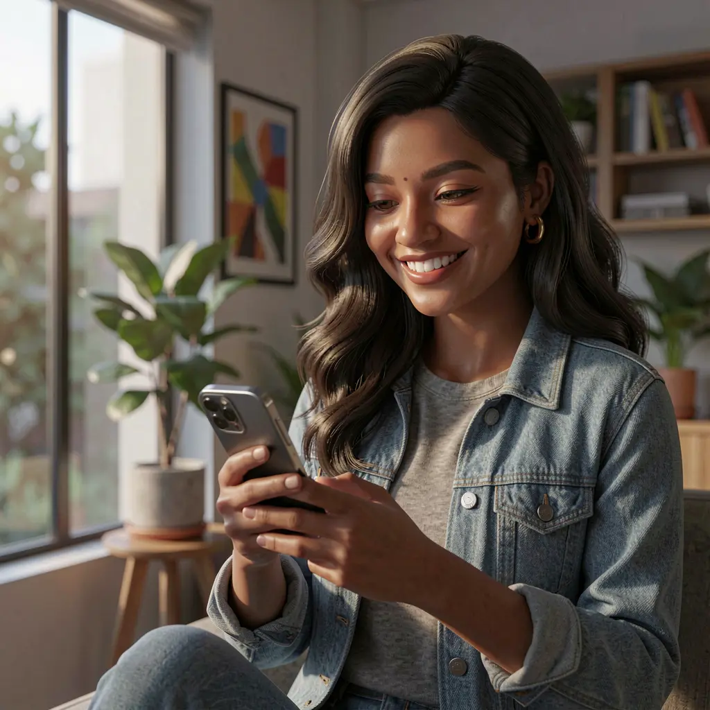 Happy Bangladeshi woman smiling while using the F1111 casino app on her smartphone with cinematic lighting and detailed textures