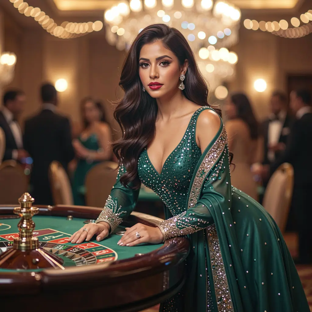 F1111 – Experience premium live casino entertainment in Bangladesh Elegant female casino dealer in a sparkling gown standing by a roulette wheel in a luxury casino atmosphere at F1111 for players in Bangladesh