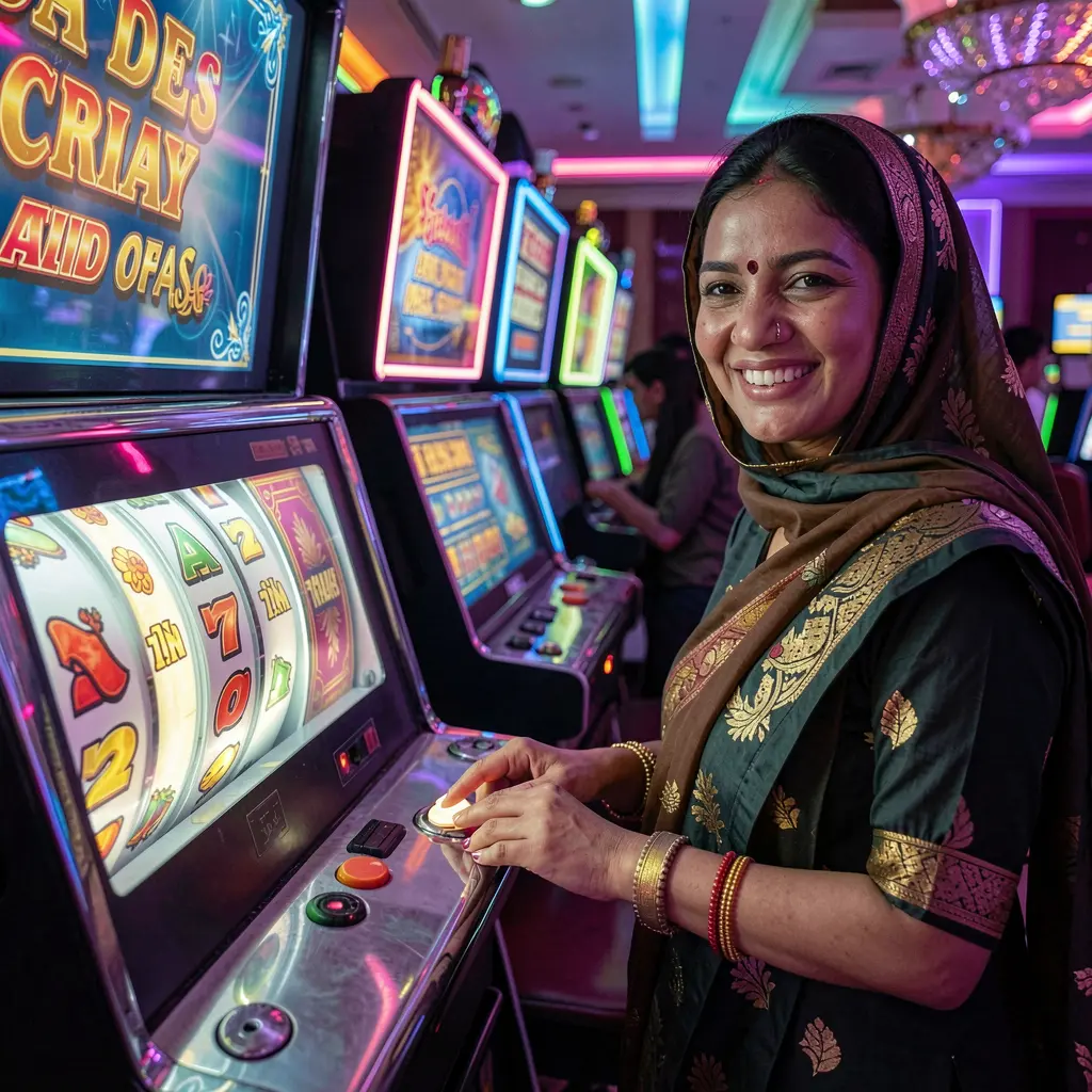Confident Bangladeshi woman playing glowing slot machines in a modern casino atmosphere at F1111 with vibrant reels and neon lights